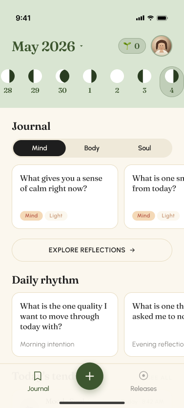 Healing Soul journal home with moon calendar