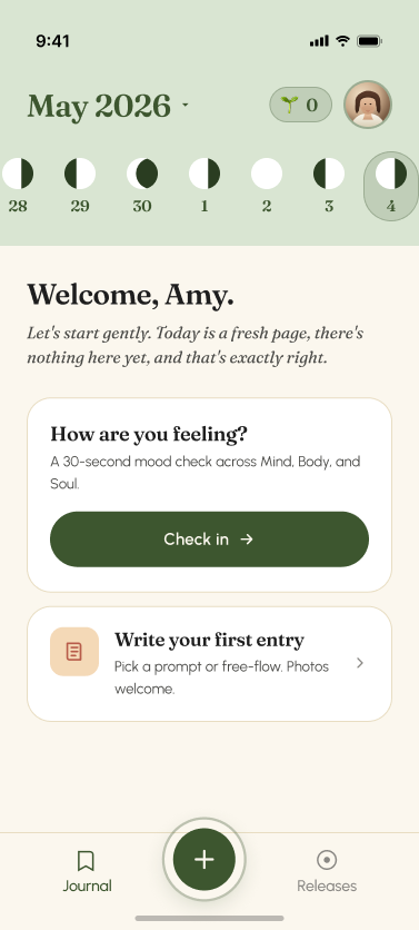 Healing Soul app welcome screen with mood check-in